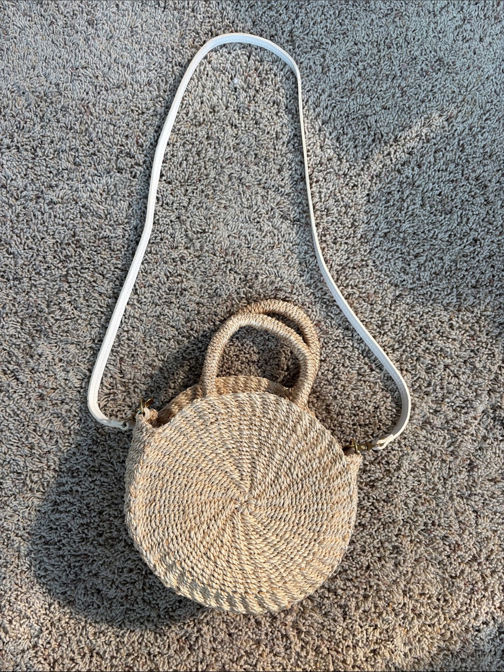 Clare V Round Woven Crossbody in Natural Tan with White Strap